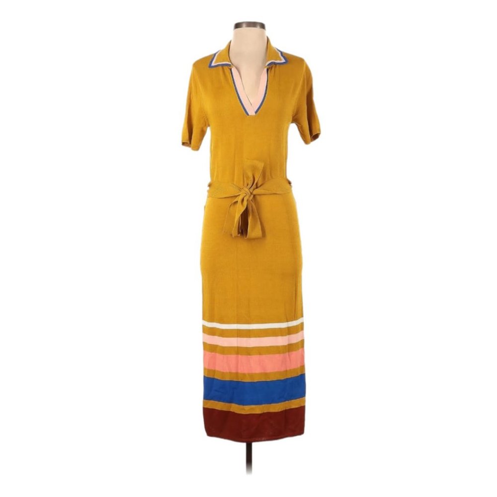 Calf length midi dress, Size S, V-Neck Princess sleeves, Orange, Eva Mendes - Picture 3 of 4